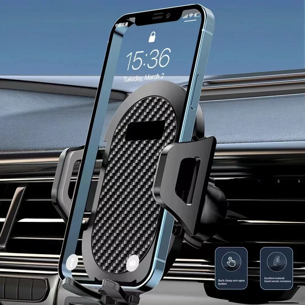 Carbon Fiber Car Mobile Phone Holder, Gravity Holder, Air Outlet Clip, Navigation Mounts, Acessórios Do Carro, 360 Rotação