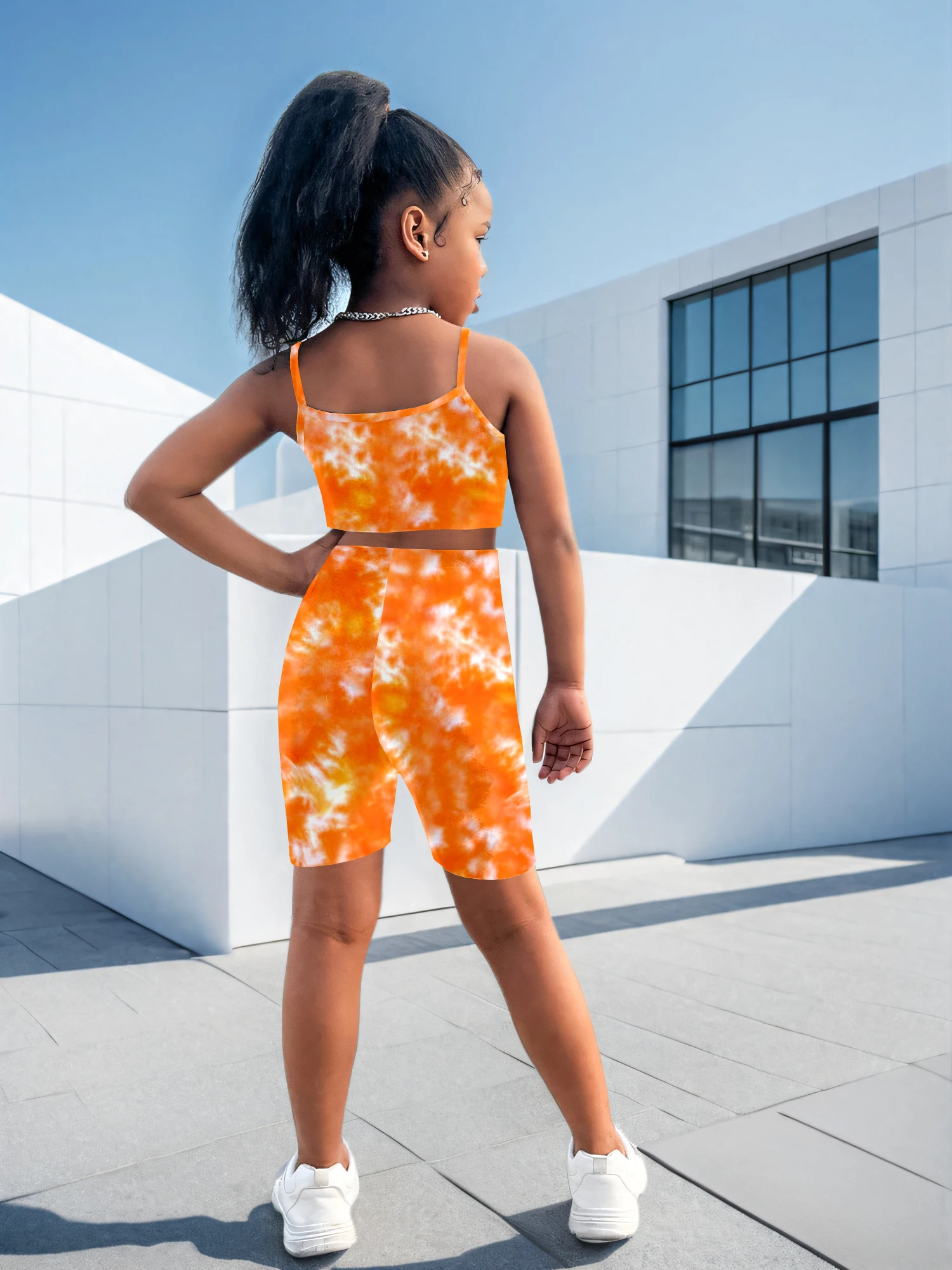 Girls 2 Piece Orange Tie Dye Outfit Sleeveless Cami Crop Top & High Waist Biker Shorts Kids Summer Streetwear Set