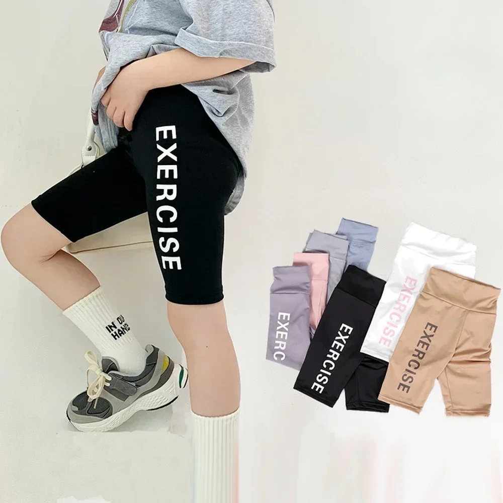 Girls Shorts Teenagers Letter Print Bottom Leggings Kids Knee Length Five Pants Summer 2 To 12Years Children\'s Bicycle Trousers