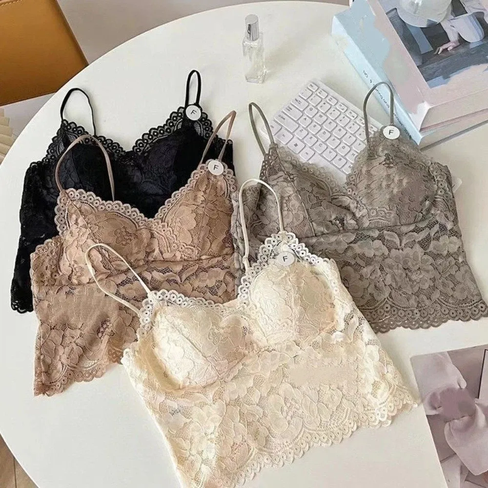 

Mesh Flower Slim Lace Crop Top Bottoming Shirt Spring And Summer Girl's Vest Top Sweet Spicy Girls Style Camisole with Pads