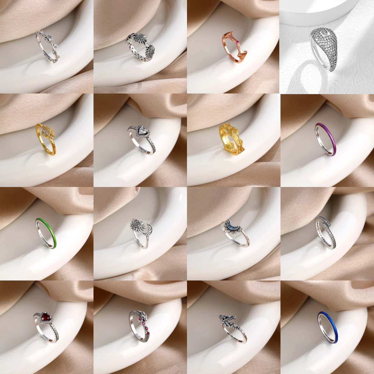 Anillos de Plata de Ley 925 para Mujer, Anillos Apilables con Diseño de Sol, Luna, Corazón y Lazo, Anillo de Promesa, Anillo de Boda, Joyería de Moda, Regalo