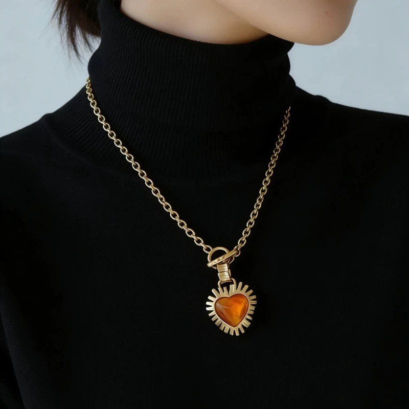 Vintage Mid-Ancient Heart Carved Orange Gem Necklace Ear Stud Set Women Fashion Retro Jewelry Party Daily Gift