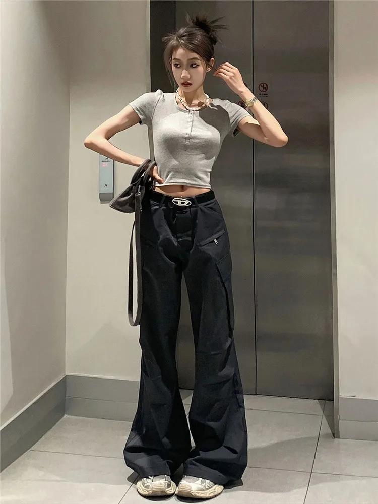 

Женские серые джинсовые брюки для работы, весна-осень, с множеством карманов, в американском винтажном стиле, широкие, в пол, для высоких женщин