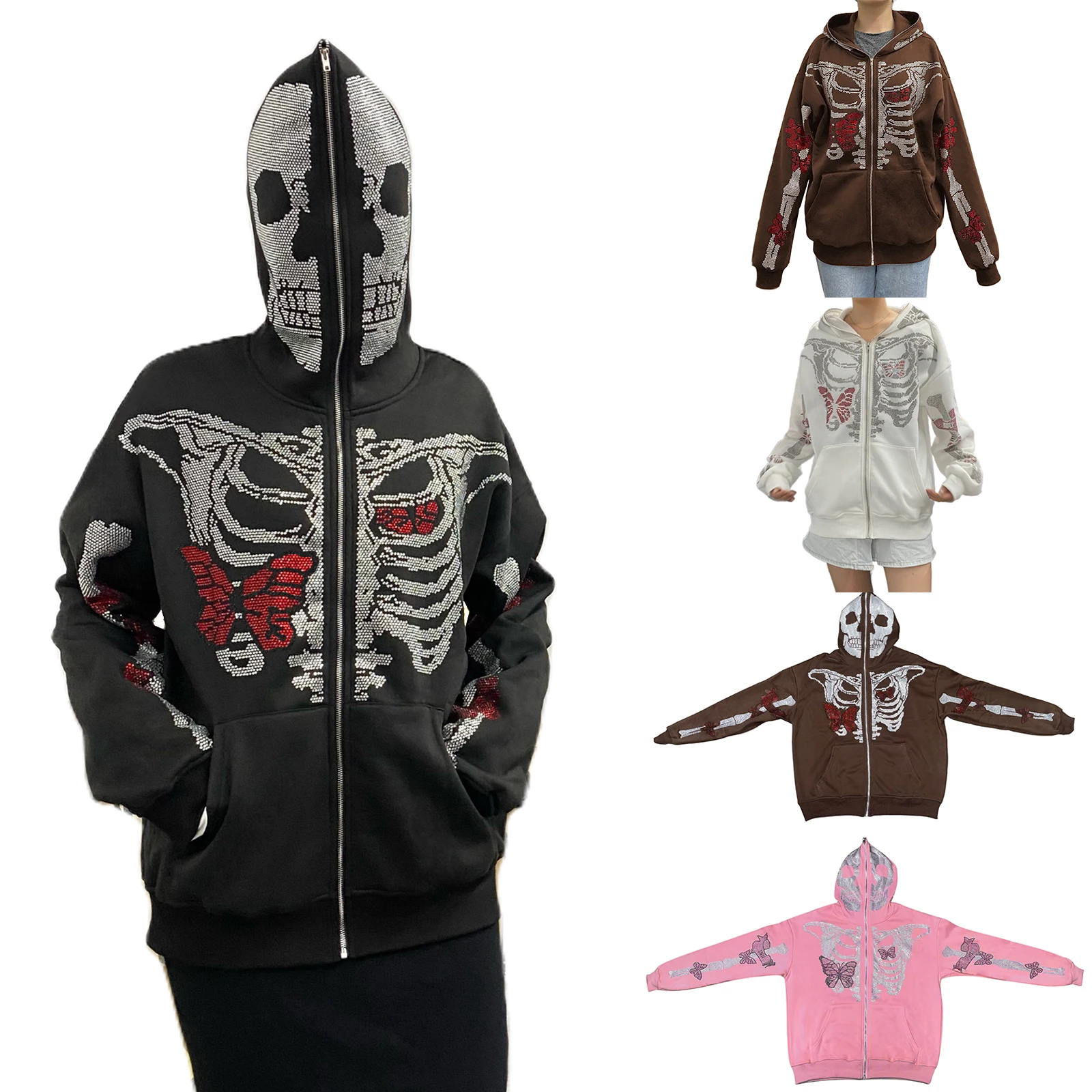 2024 Autumn Women Tracksuit Korean Rhinestones Skull Butterfly Skeleton Print Long Sleeve Hooded Jacket  Oversized Clothes