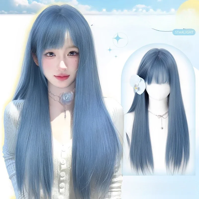 

Long Silky Straight Synthetic Wigs blue Cosplay Party Lolita bangs wigs for Daily party Women Natural Heat Resistant Wig