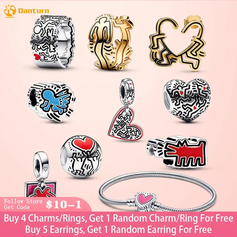 Danturn 925 Sterling Silver Walking Heart Stud Earring Love Figures Radiant Angel Heart Charms fit Snake Chain Bracelets