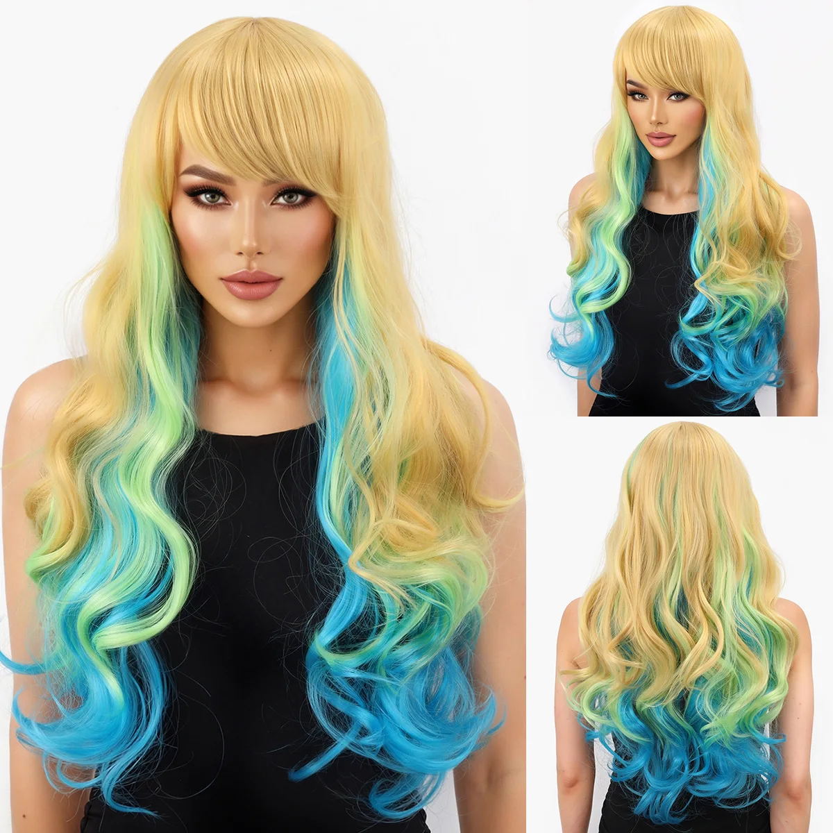 Cross border fashion color gradient European and American cosplay wig with slanted bangs and long curly hair