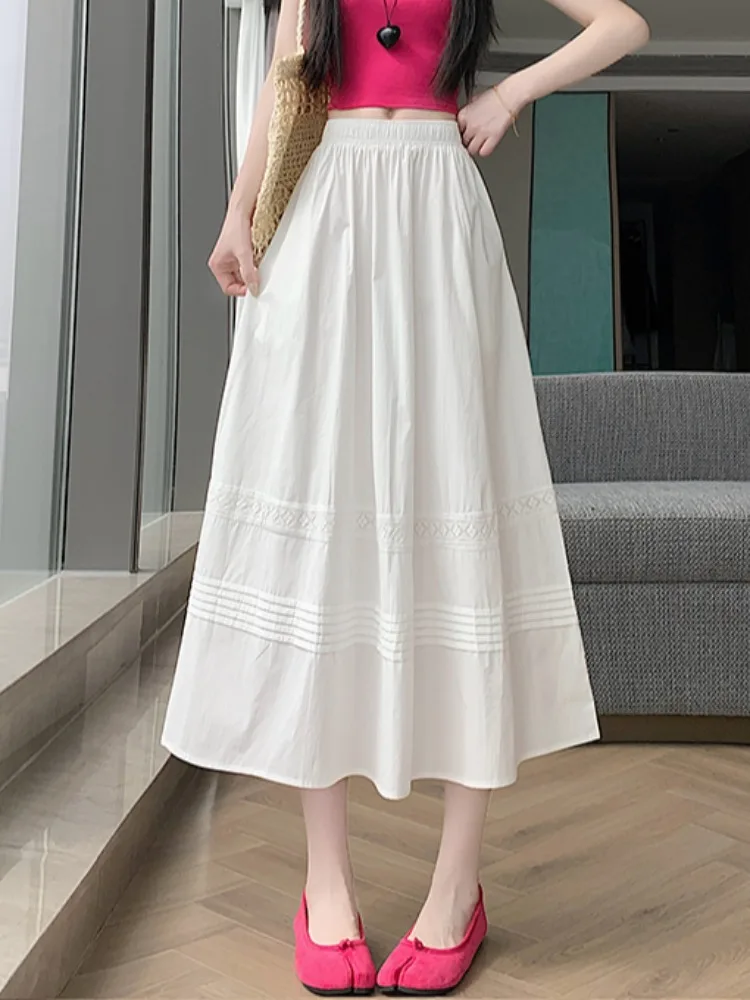 

Elegant Lace Splice High Waist A-Line Midi Skirt Women's Summer Slimming Draping Fairy Tale Half-length Umbrella Skirt