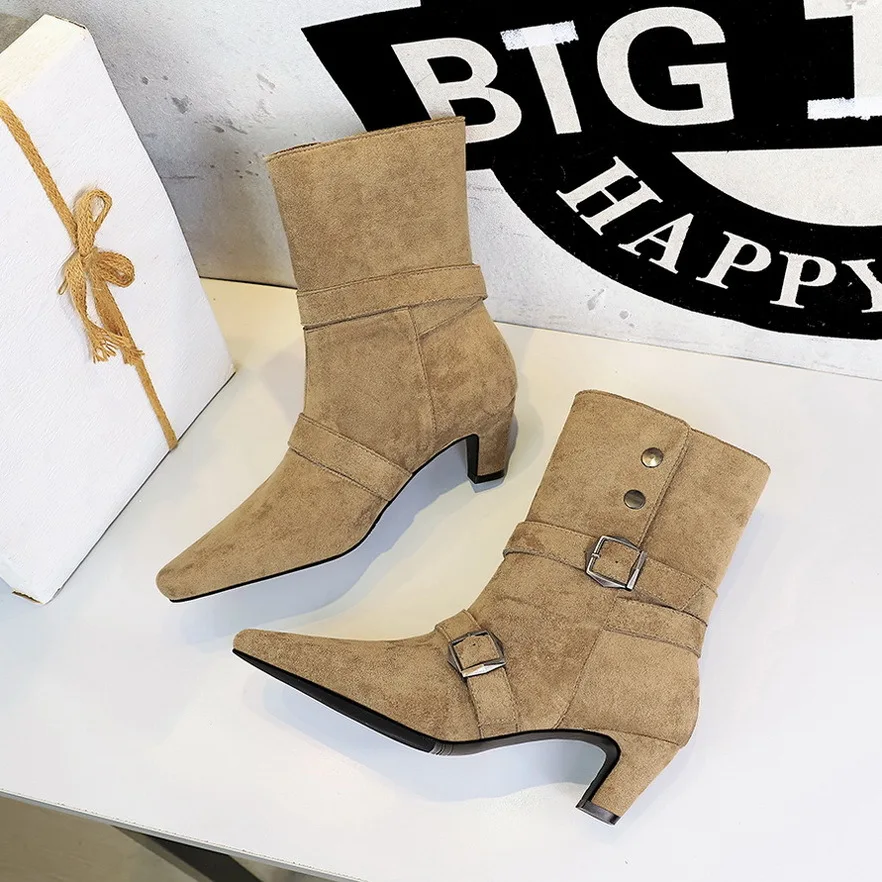

Buckle Mid Calf Boots Woman Shoes Designer Suede Square Toe Western Boot Autumn Winter Heels Slip on Modern Boots Vintage