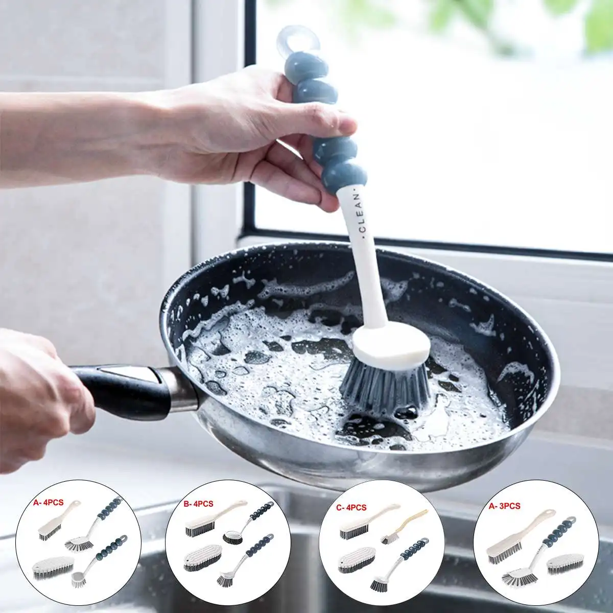 3/4Pcs Long Handle Cleaning Brush Set Kitchen Supplies Pan Washing Shoes Scrub Household Bathroom Cleaning Multipurpose Wiper