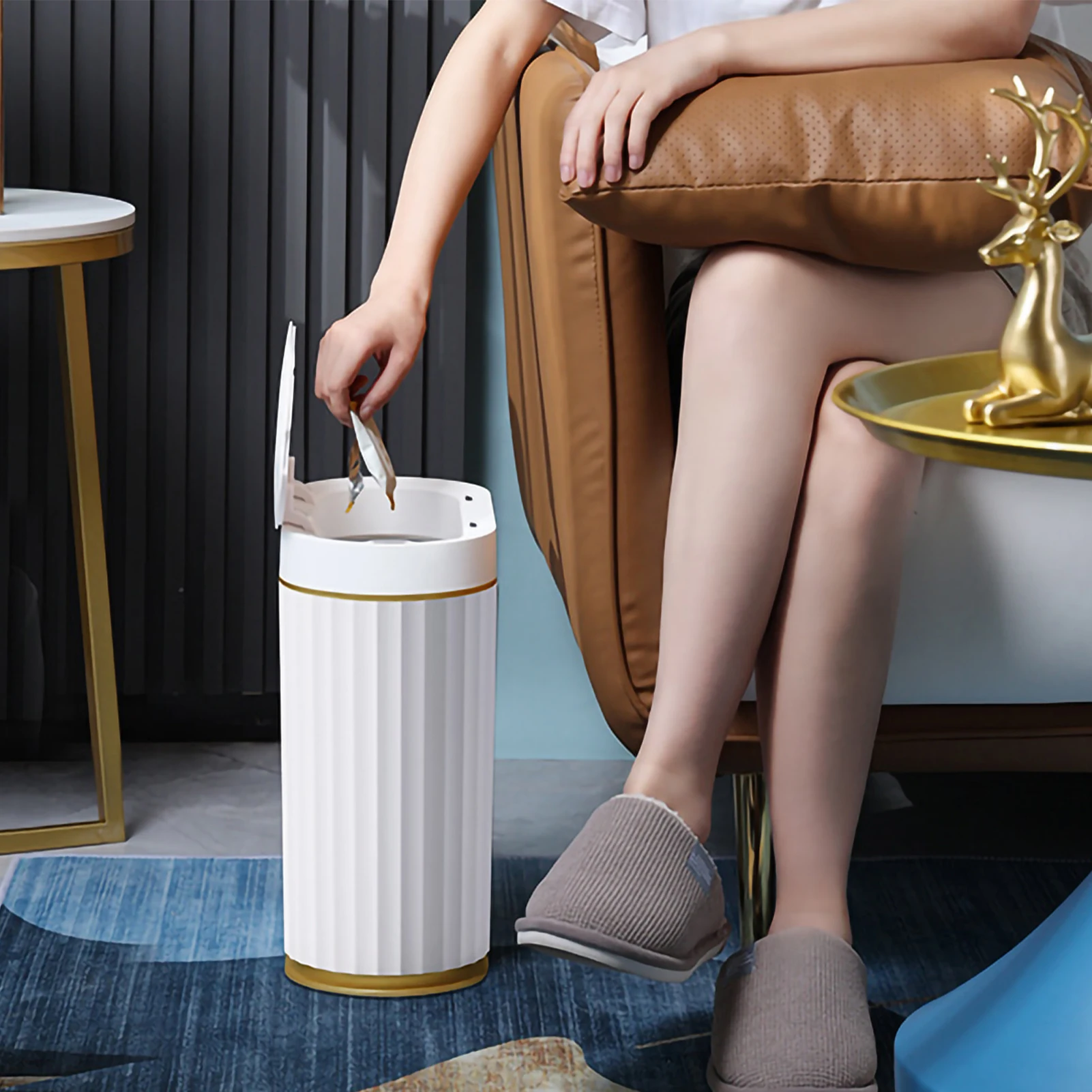 Smart Sensor Trash Can For Kitchen Garbage Tin For Bathroom Light Luxury Family Living Room Cracks Trash Bin Cubo Basura