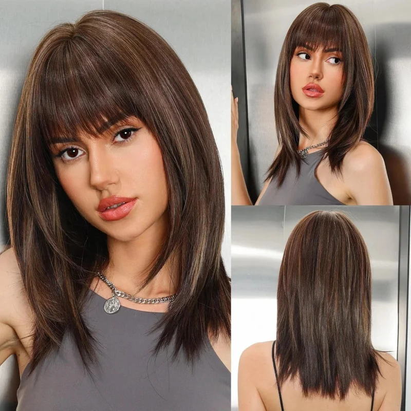 

Mixed Brown Long Straight Cosplay Wigs With Bangs Human Hair Heat Resistant