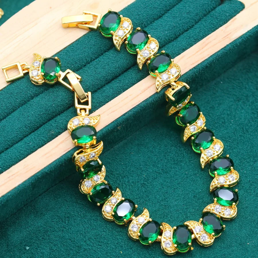 Luxurious Green Zircon Gold Color Jewelry Sets for Women Wedding Bracelet Earrings Necklace Pendant Open Ring Dating Gift