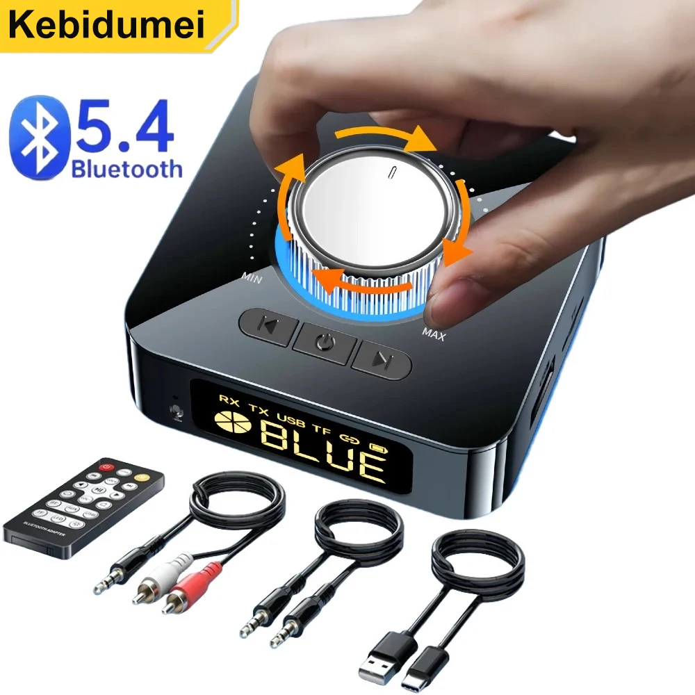 Receptor Transmisor Bluetooth 5.4, Adaptador de Audio Inalámbrico Estéreo con Conector AUX RCA de 3.5mm, Ranura para Tarjeta TF/USB, Pantalla LED para Coche, TV, PC
