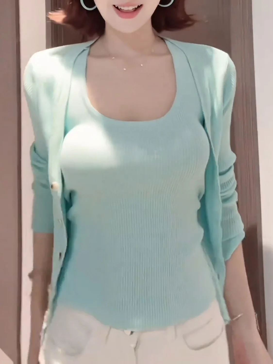 

Mint Green Knitted Long Sleeve Open Cardigan round Neck Set Women's High Fashion Two-Piece Set Spring 2026 Slim Fit High Waist