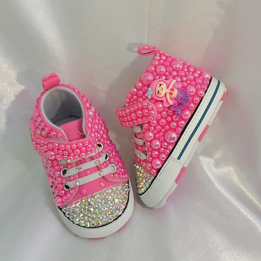 Handmade Bow Pearl Rhinestones Baby Girls Shoes Hairband First Walker Sparkle Christmas Mermaid Crystals Princess Shoes Shower