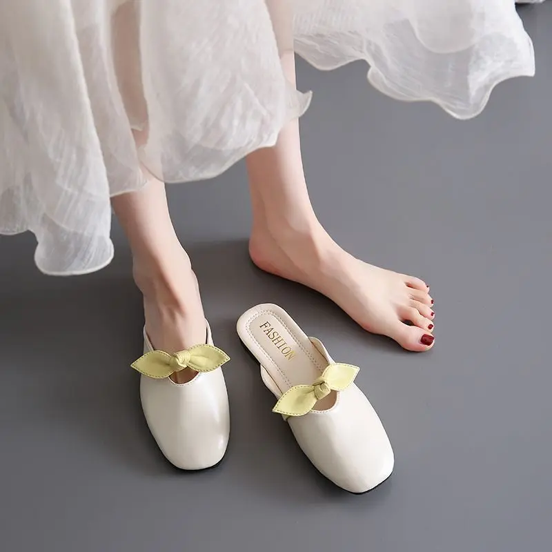 

2026 Summer New Elegant Slip-On Mules for Women Open-Back Peep Toe Flat Sandals Trendy Dressy Casual Shoes