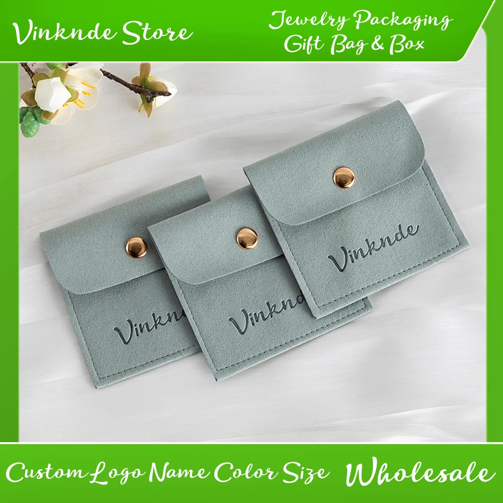 

Personalized Logo Size Microfiber Jewelry Gift Pouch Velvet Snap Button Bag Rings Earrings Packaging Organizer Wedding Favors
