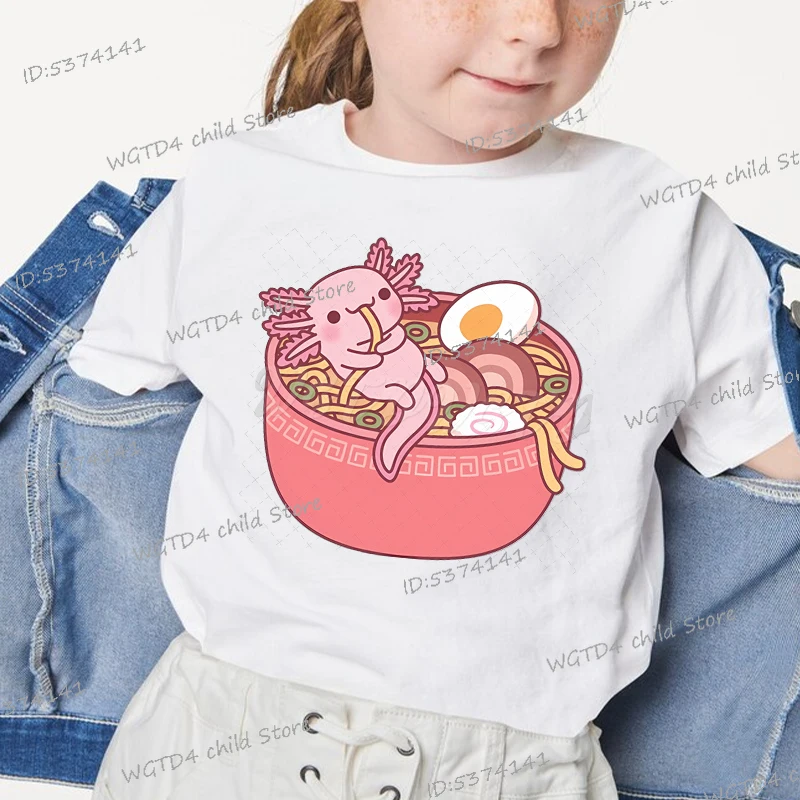 Axolotl Shirt Cute Axolotl Eating Ramen Noodles Anime T-shirt Funny Axolotl Lover Gifts Girls Boys White Short Sleeve Tshirts