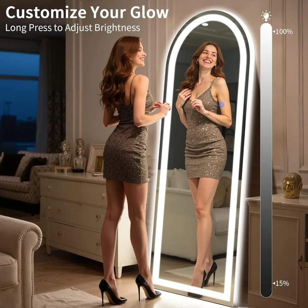 Specchio da terra a figura intera illuminato a LED, 63" x 20", luminosità regolabile, 3 opzioni di colore, specchio alto per la casa