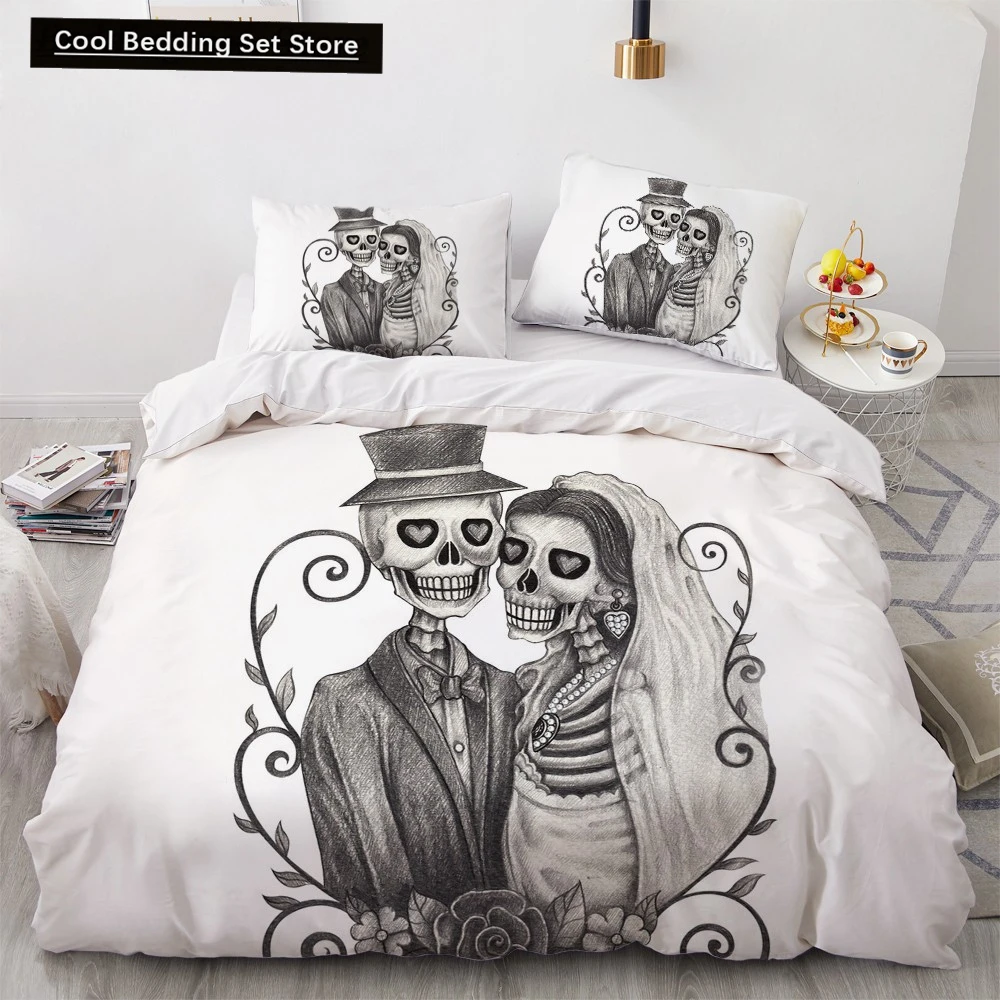 

Skull Couple King Queen Duvet Cover Skeleton Bride Bedding Set for Kids Teens Adults Halloween White 2/3pcs Soft Quilt Cover