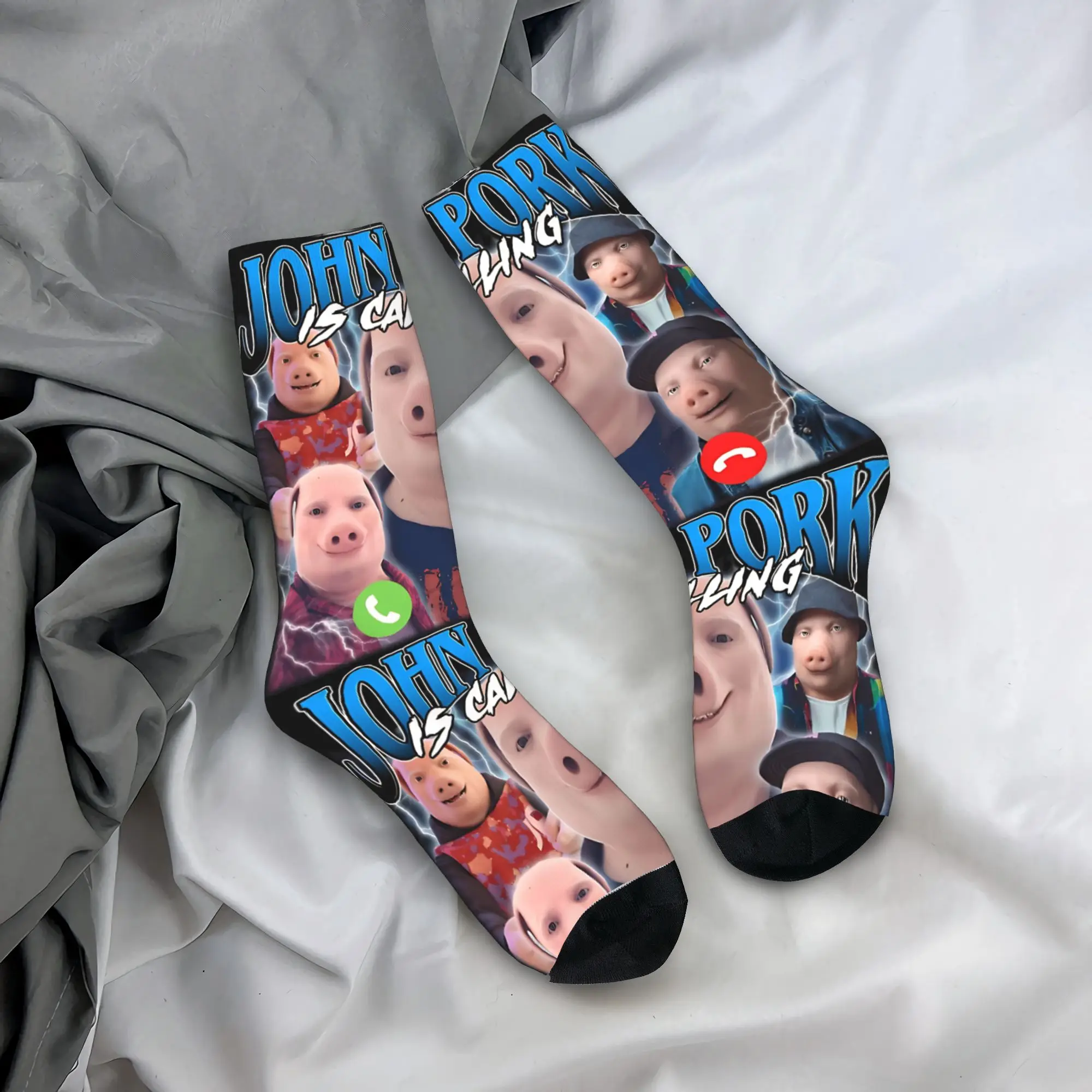 

John Pork Is Calling Answer Call Phone Socks Winter Funny Pig Meme Stockings Funny Unisex Men Socks Outdoor Non Slip Socks