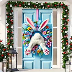 1pc Easter Bunny Wreath Door Cover - Polyester spring floral decoration with colored eggs and rainbow bows, suitable for indoor/
