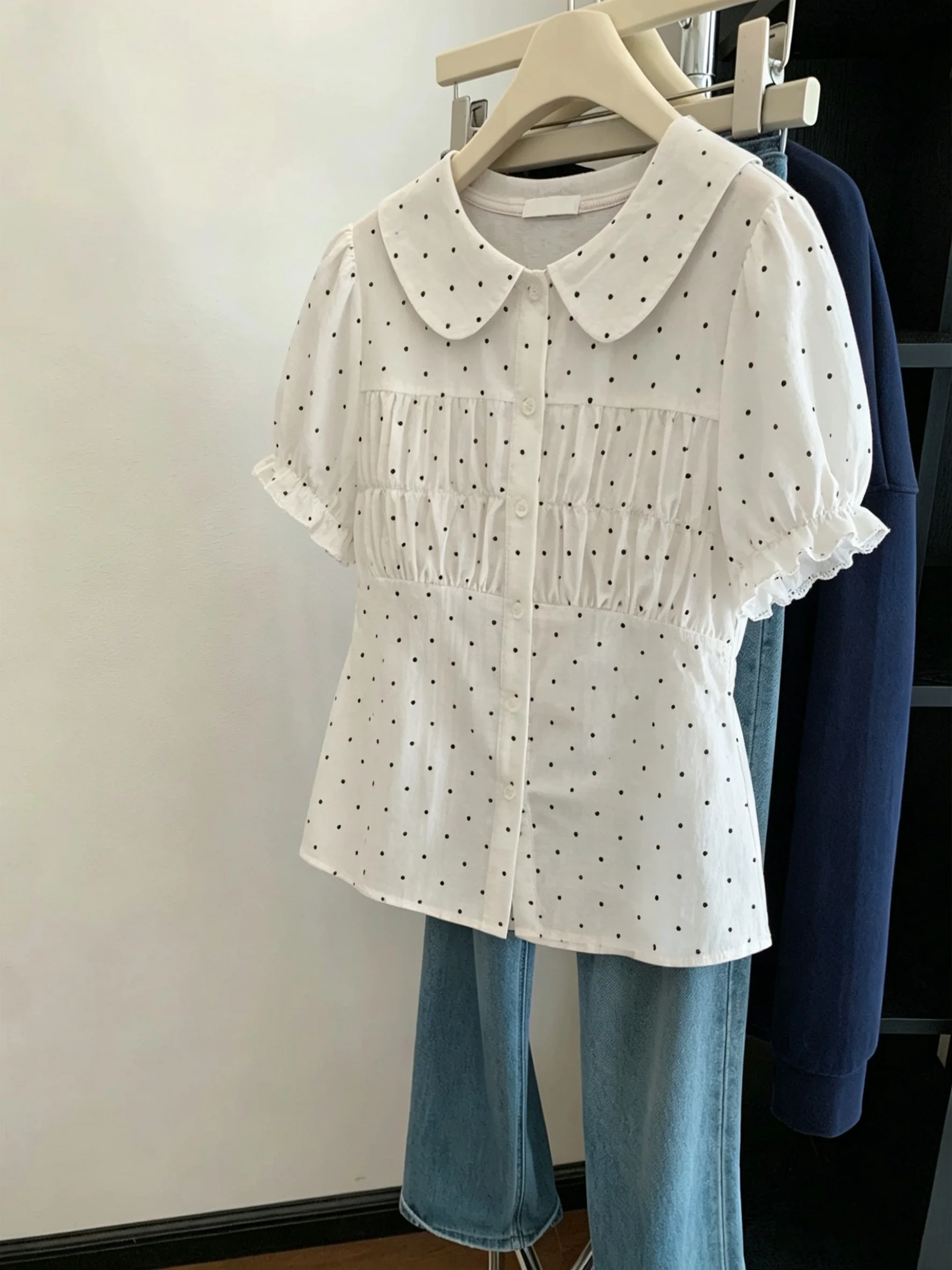 

Sweet Polka Dot Doll Collar Short Sleeve Shirt Waist Cinched Slimming Gentle Style Top for Men And Women Summer Korean Version