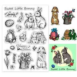 1Sheet Easter Bunny Clear Stamps Rabbit Flower Easter Egg Silicone Rubber Stamp Transparent Seal Stamps Postage Seal Stamp