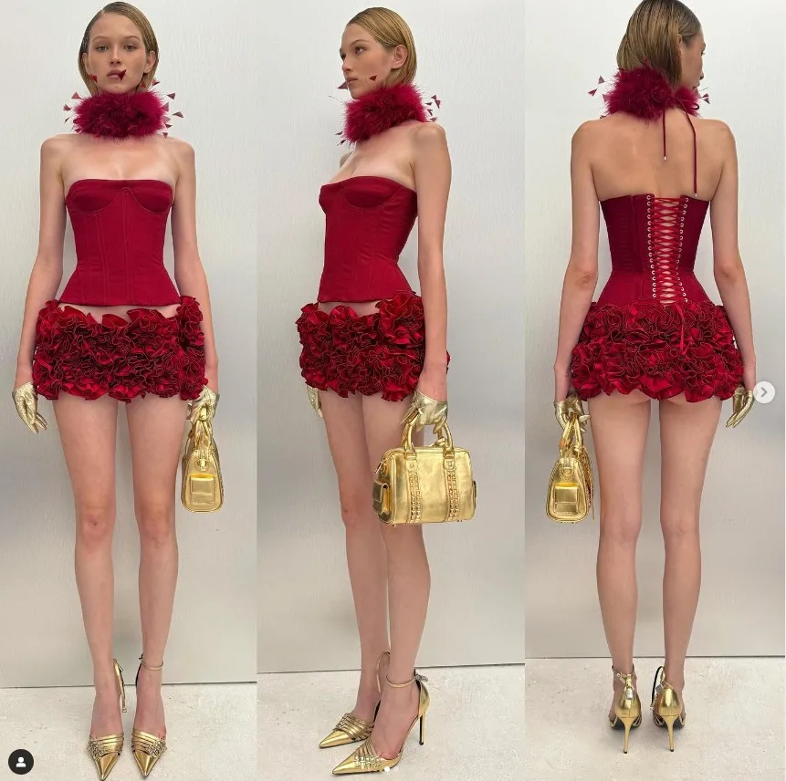 2024 Red color Back Lacing Body shaping Strapless Top And Stereoscopic Flowers Mini Skirt 2 pieces Woman Birthday Party Dress