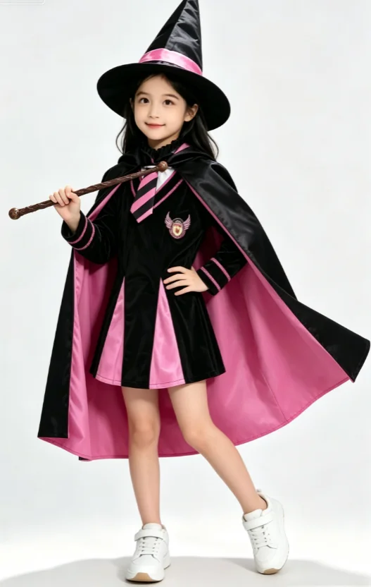 Girls Pink Lined Wizard Robe Costume Set with Witch Hat & Magic Wand