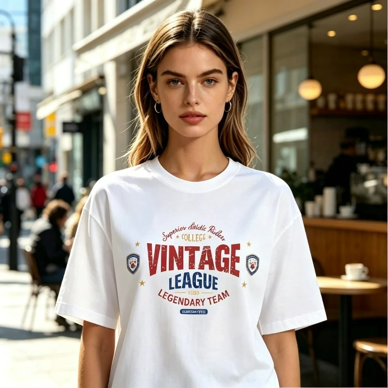 VINTAGE LEAGUE Vintage League Graphic T-Shirt Women Retro Athletic Letter Print Tee Cotton Casual Loose College Gift for Her