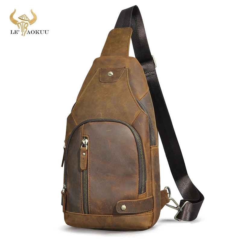 

2023 Trend Thick Crazy Horse Leather Retro Sling Chest Bag 8" Tablet Design One Shoulder Strap Cross-body Bag For Men Male 8066