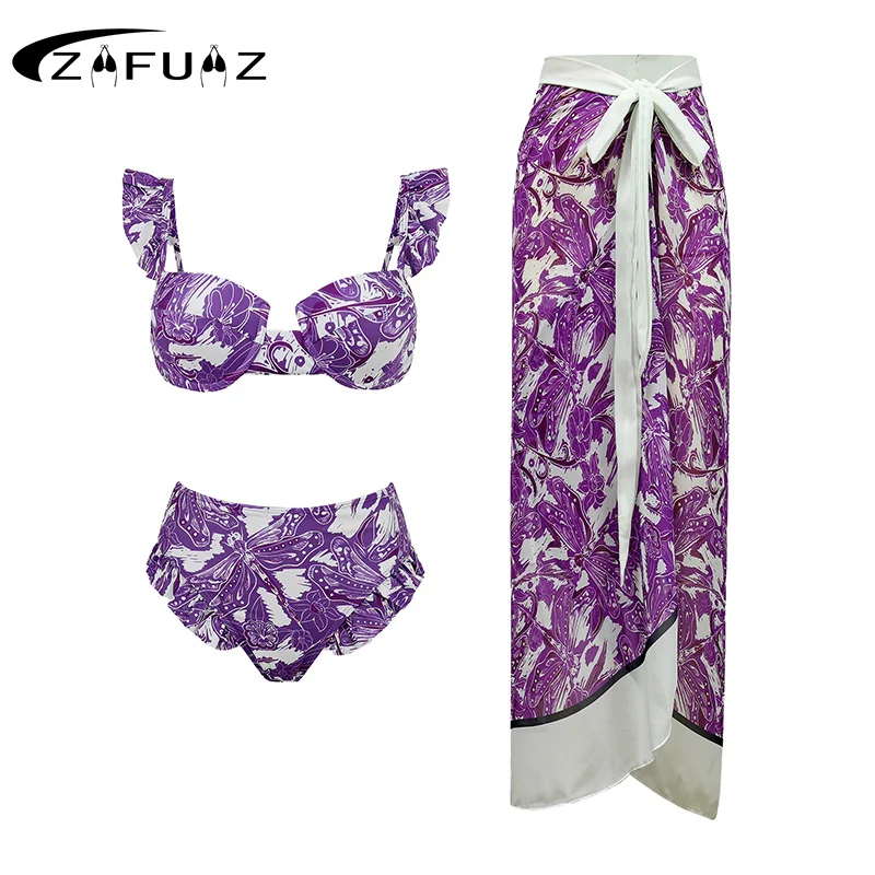 

ZAFUAZ 2024 New 3 Pieces High WaistBikini Set Sexy One Shoulder Swimwear Women Print Vintage Biquini Skirt Swimming Suit Dress