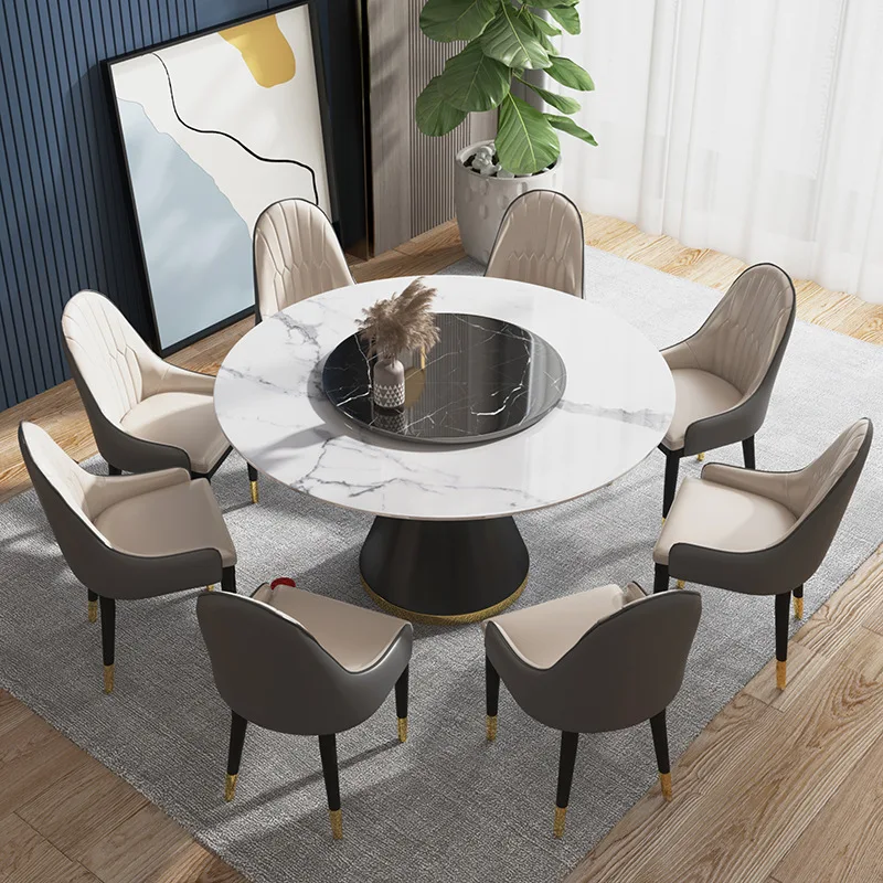 Italian light luxury rock slate dining table and chairs set modern simple rock slate dining table round with turntable