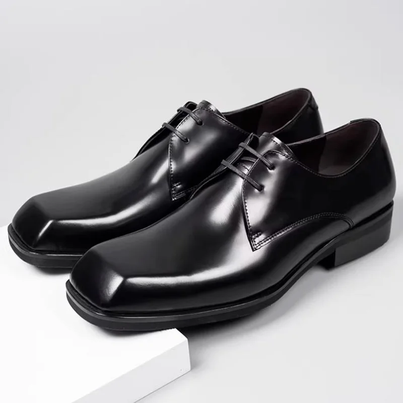 Simple Style Lace-up Square-toe Leather Shoes For Men Business Formal Shoes Men Sheepskin Lining Cowhide Pad Derby Shoes Black