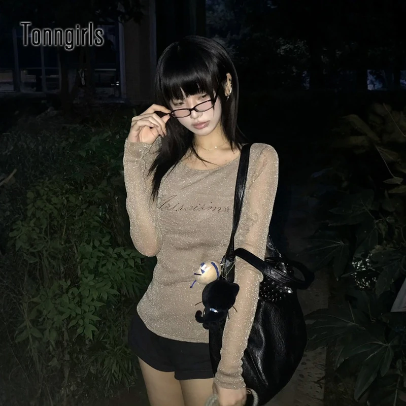 

Tonngirls Y2k Aesthetic T-shirt Women See Through Mesh Tops Bright Diamond Vintage Grunge Tops Japanese 2000s Crop Tops E-girls