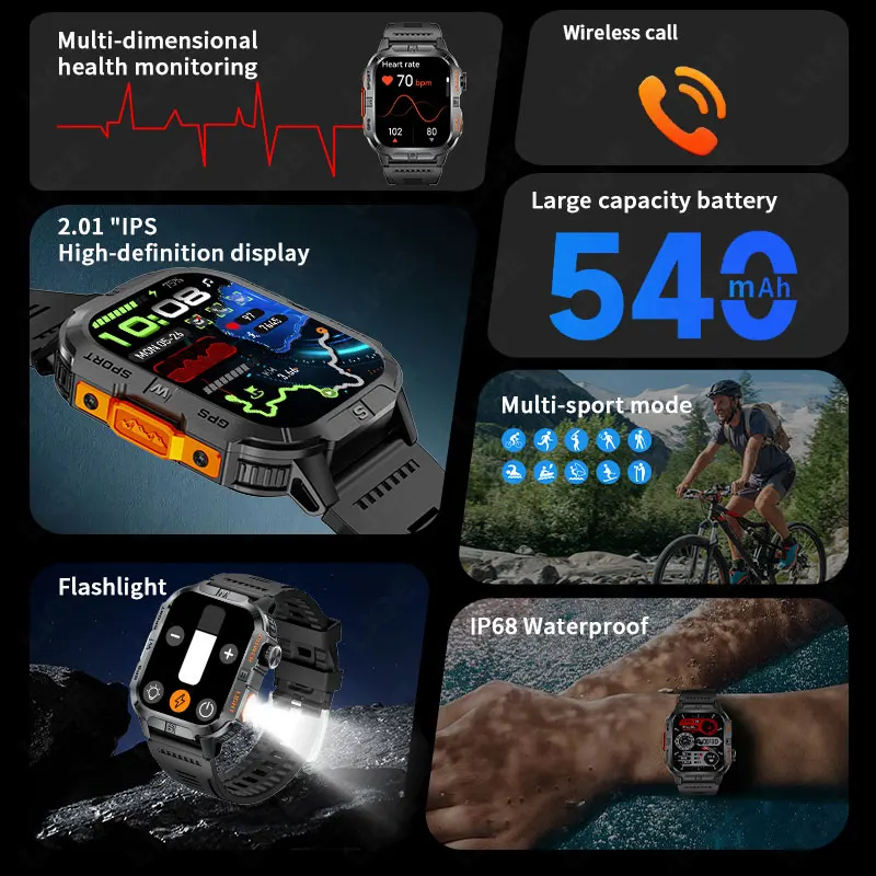 LIGE 2025 New GPS Smart Watch Compass Flashlight IP68 Waterproof Bluetooth Call Outdoor Sports Fitness Tracker Smartwatch Men