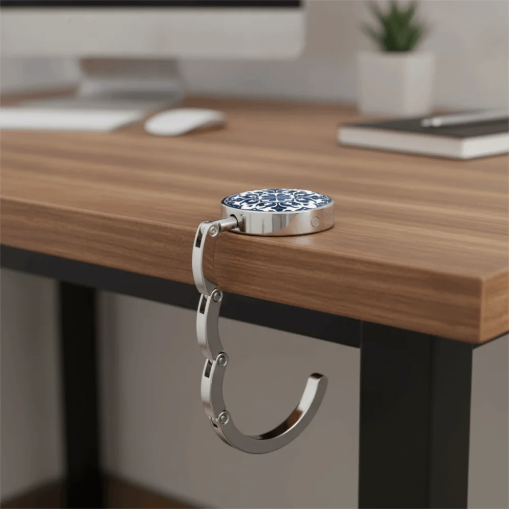 Blue-and-White Porcelain Pattern Table Handbag Hook Zinc Alloy Round Desktop Handbag Holder Folding Non-slip Back