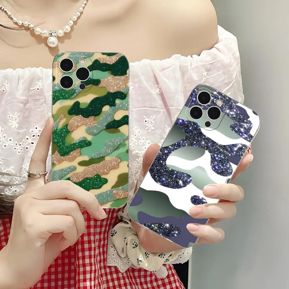 

Shining Bling Camouflage Phone Case for iPhone 16 15 14 13 12 11 X XR XS 8 6 Pro Max Plus Mini Clear Colour Protective Pretty