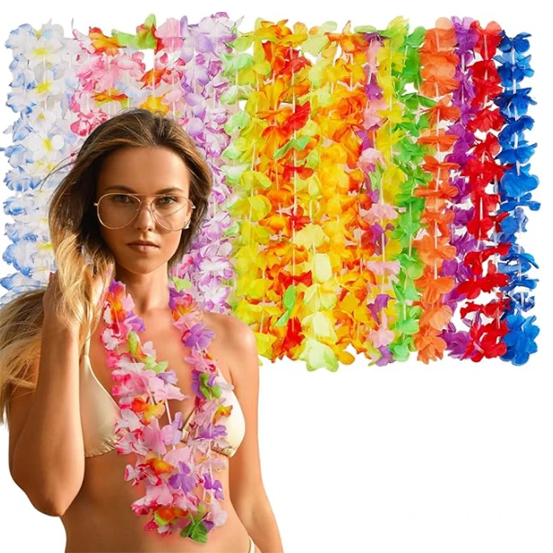 

38.6inch Hawaiian Leis Luau Party Flower Necklace Colorful Tropical Hawaiian Bulk Summer Beach Holiday Pool Birthday Party Decor