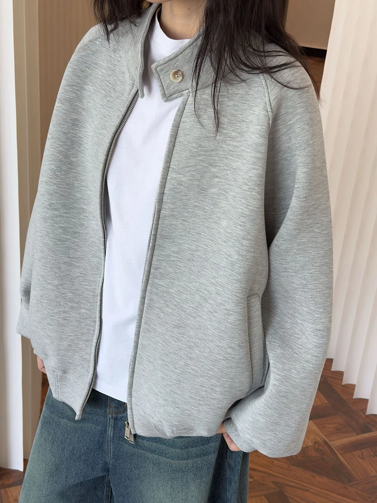 [LANMREM] Minimalism Stand Neck Cardigan Sweatshirt Women's Long Sleeve Office Lady Jackets Female 2025 Spring New 26C1538