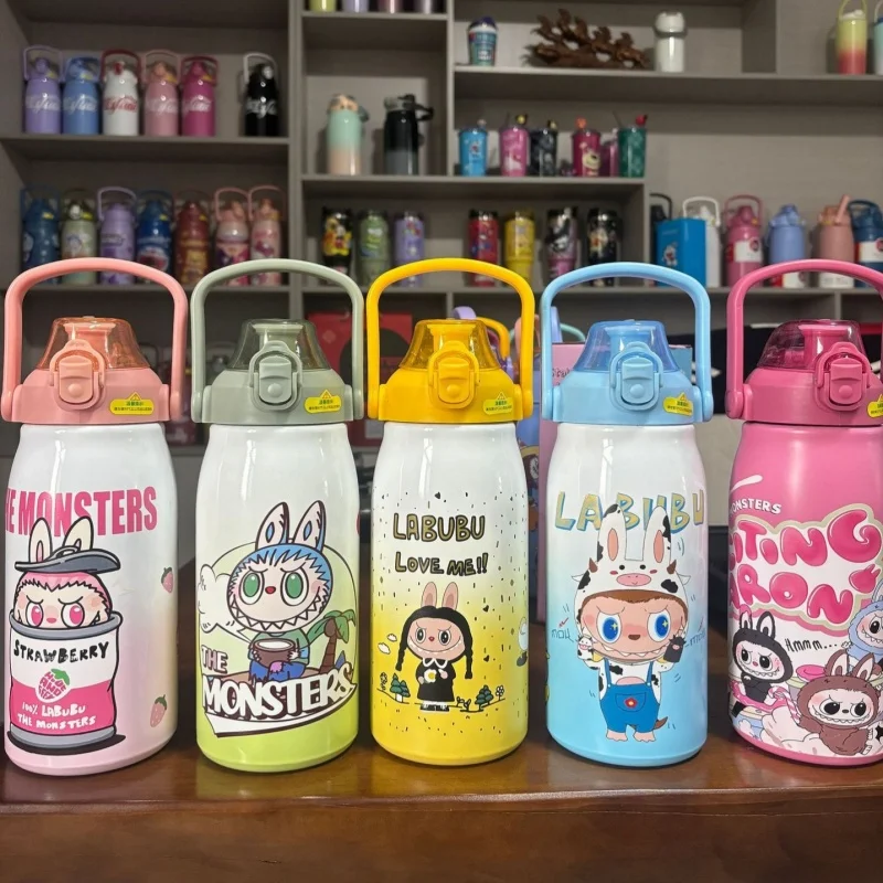 Anime Peripheral Labubu Thermos Cartoon 1200ml Large Capacity Stainless Steel Portable Pot With Straw Water Cup Birthday Gift