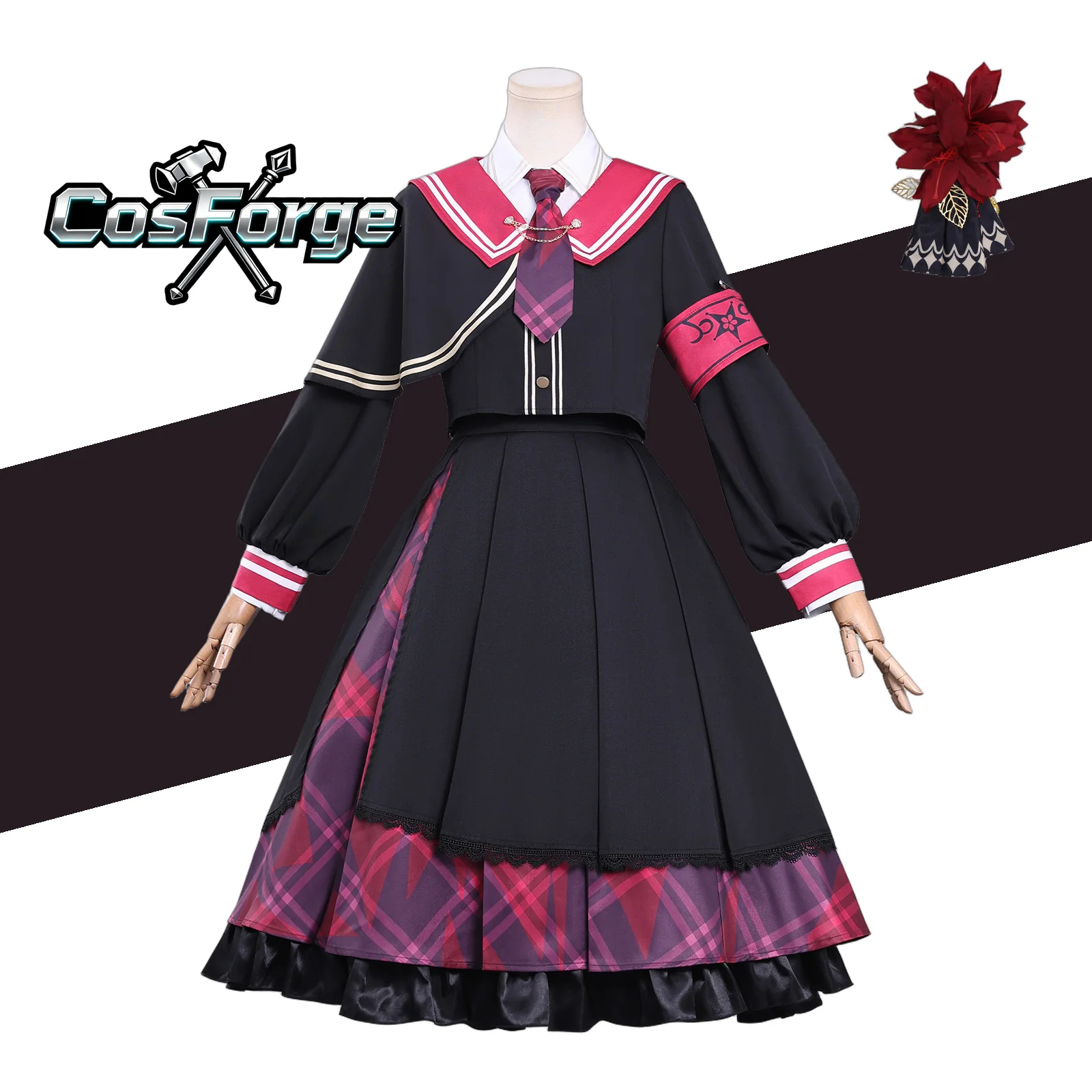

Nikaidou Hiro Mahou Shoujo No Majo Saiban Cosplay Costume Red School Uniform Goth Lolita JK Outfit with Long Wig for Women
