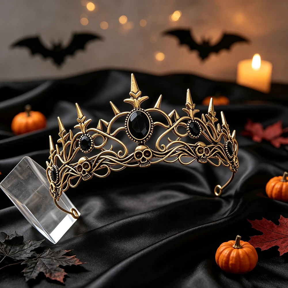 Halloween Gothic Skull Spiked Tiara Antique Bronze Crown Women Evil Queen Vampire Cosplay Headwear Dark Theme Party Hair Jewelry