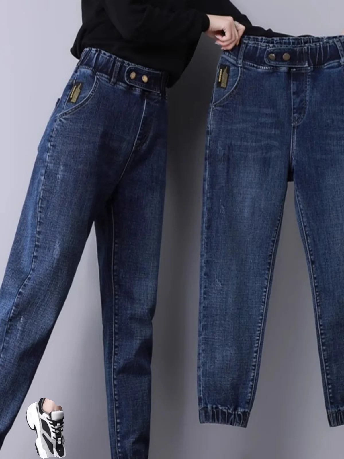 

Утягивающие джинсы с высокой талией и манжетами, женские джинсы весна-осень 2024, новые свободные универсальные длинные брюки с эластичной резинкой на талии для папы