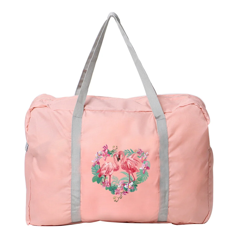 Tas bahu traveling anti air, tas bahu wanita, tas Tote kapasitas besar, dapat dilipat nilon, tas koper motif seri Flamingo, tas tangan modis, tas bahu anti air