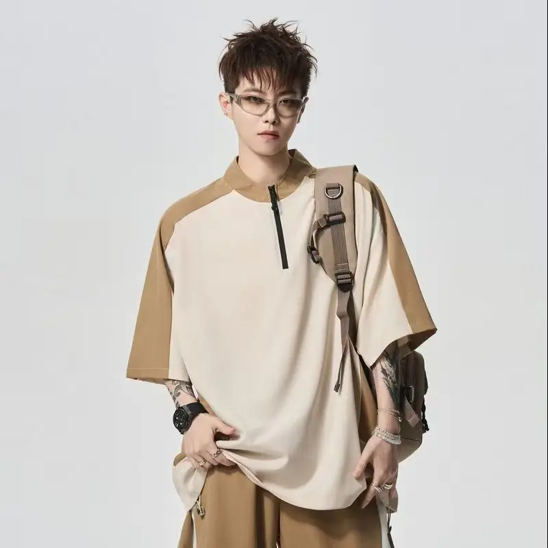 2025 جديد الرجال أسود رمادي اللون حظر تي شيرت الجبل نمط التجفيف السريع بدلة تدريب عصرية سستة طوق سترة رياضية علوية #2