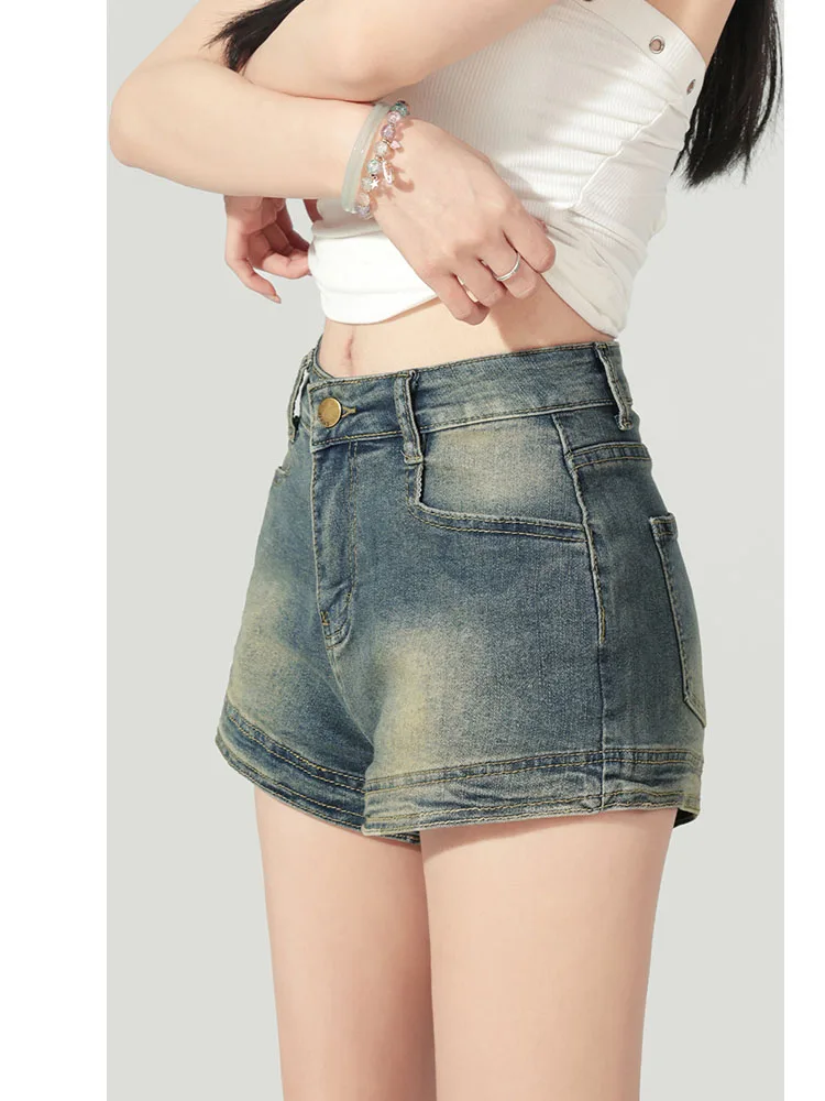 

Эластичные джинсовые брюки трапециевидной формы с высокой талией, женские летние ультра-короткие брюки для похудения, маленький размер, большие размеры