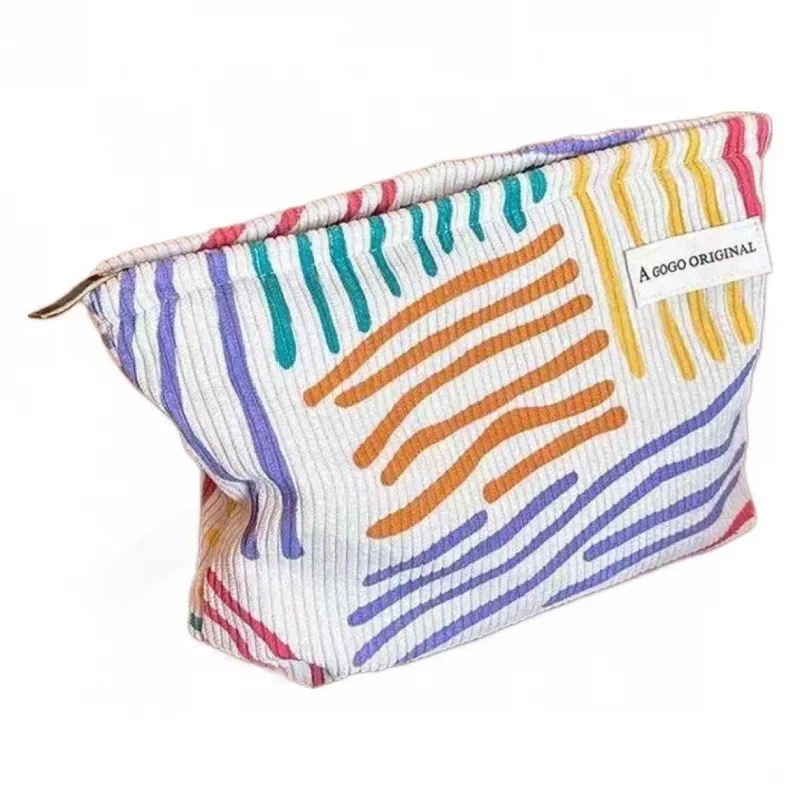 Corduroy Cosmetic Bag, Striped Portable Toiletry Bag for Skin Care Storage, Travel Essentials for Students & Business Trips